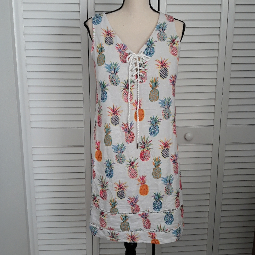 For Cynthia White Pineapple-Print Lace-Up Midi Dress